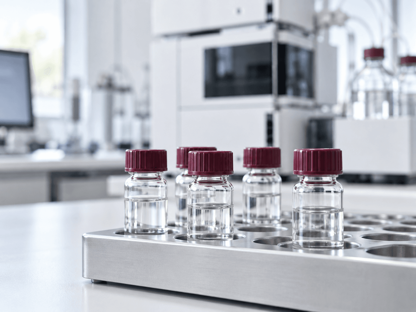 Illustrative analytical testing scene with burgundy-capped sample vials and laboratory equipment.